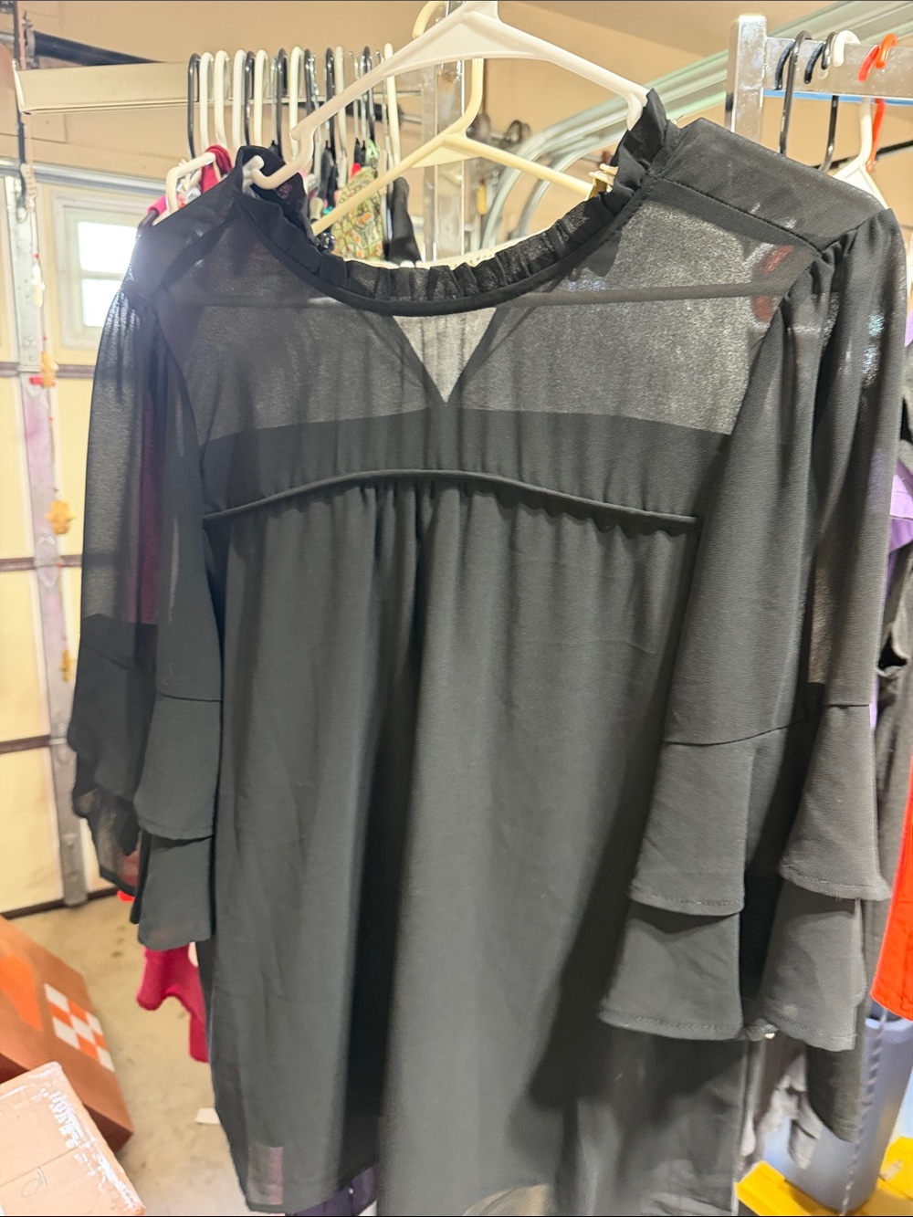 Monteau Black Sheer Yoke Ruffle Sleeve Blouse
